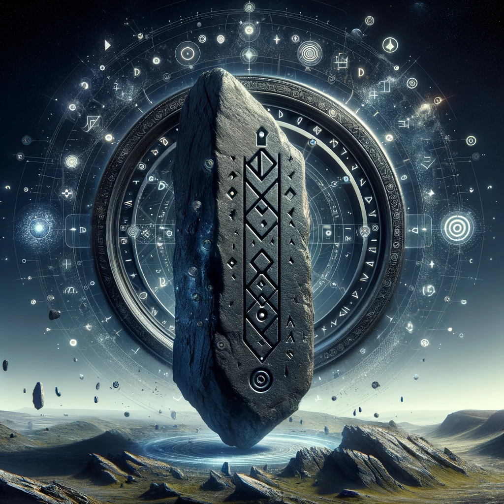 DALL·E 2024 03 16 18.03.29 Innovate the original image by enhancing the background or surroundings of the sleek dark runestone with the inscription 63140674 and the unique