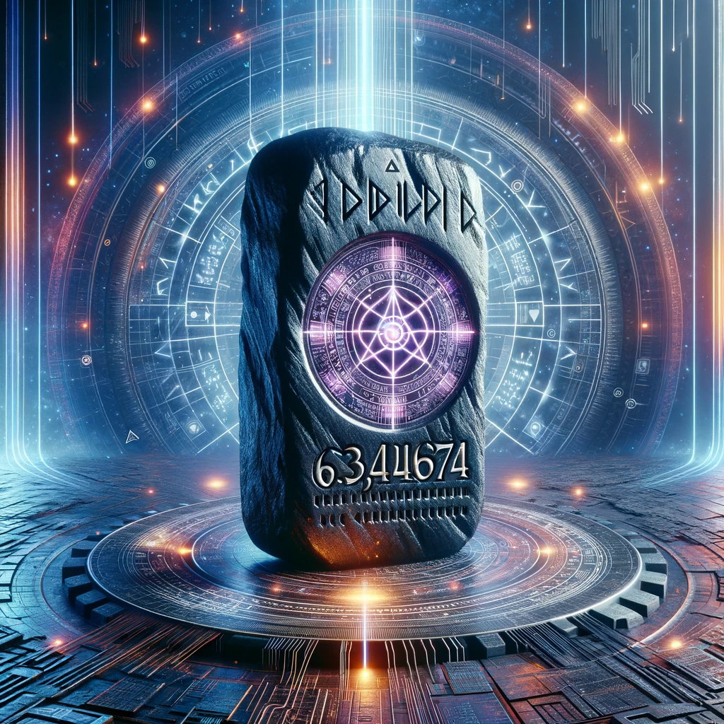DALL·E 2024 03 16 19.17.52 Enhance the original image of the sleek dark runestone with the inscription 63140674 and the unique symbol by innovating the background or surro